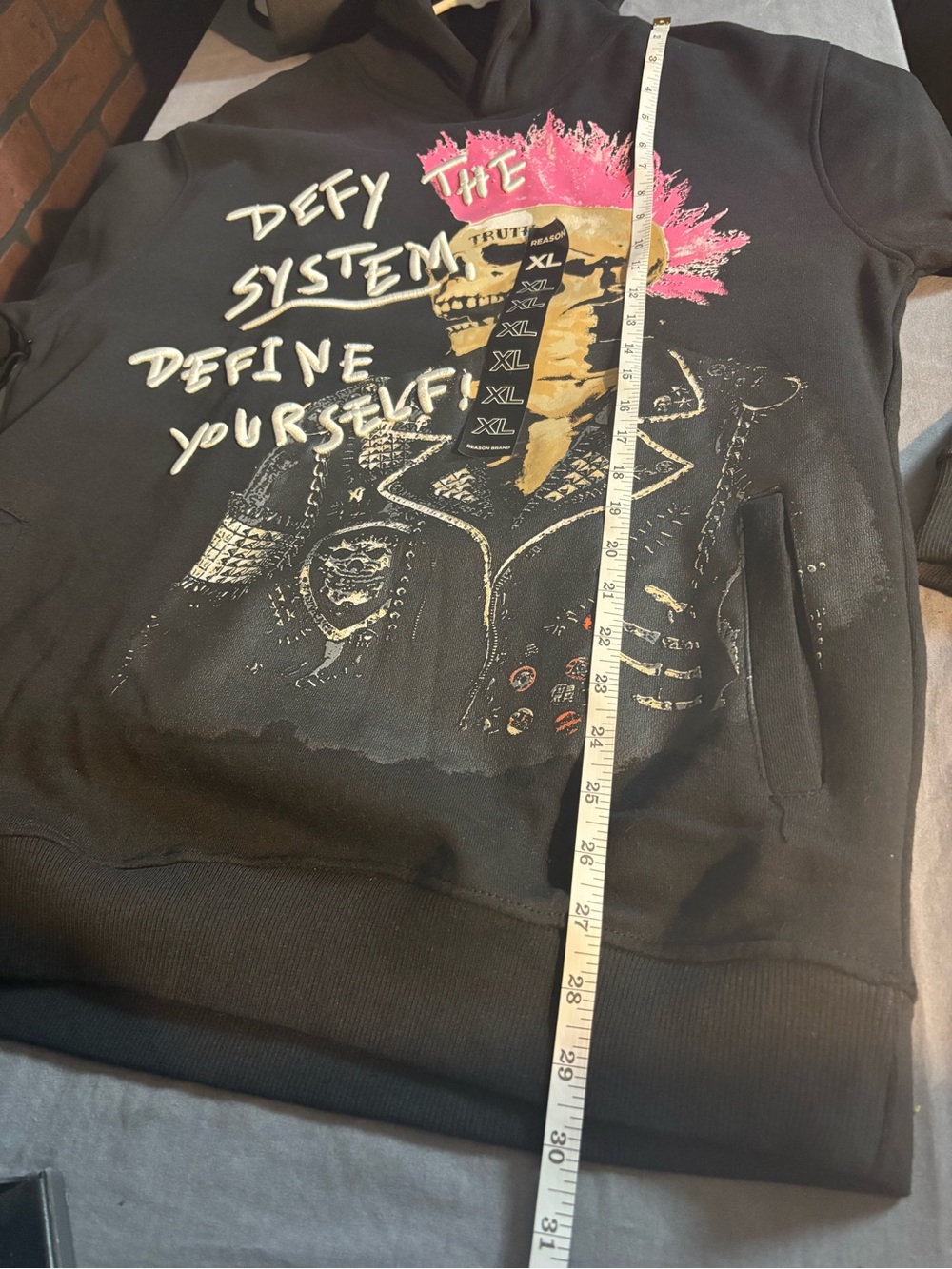 Reason Black Hoodie with Pink Mohawk Skull Graphic and White Text - Picture 7 of 7